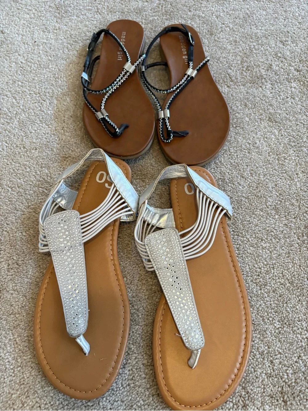 Madden Girl Silver and Black Rhinestone T-Strap Sandals